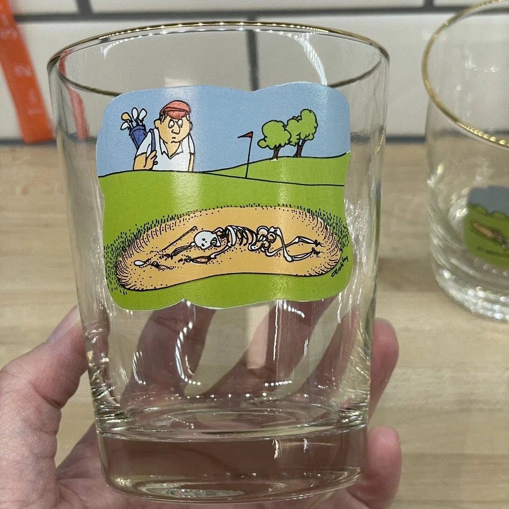Vintage Ashby Glasses 8pc Golf Funny‎ Cartoon Low Ball Whiskey Man's Cave Decor